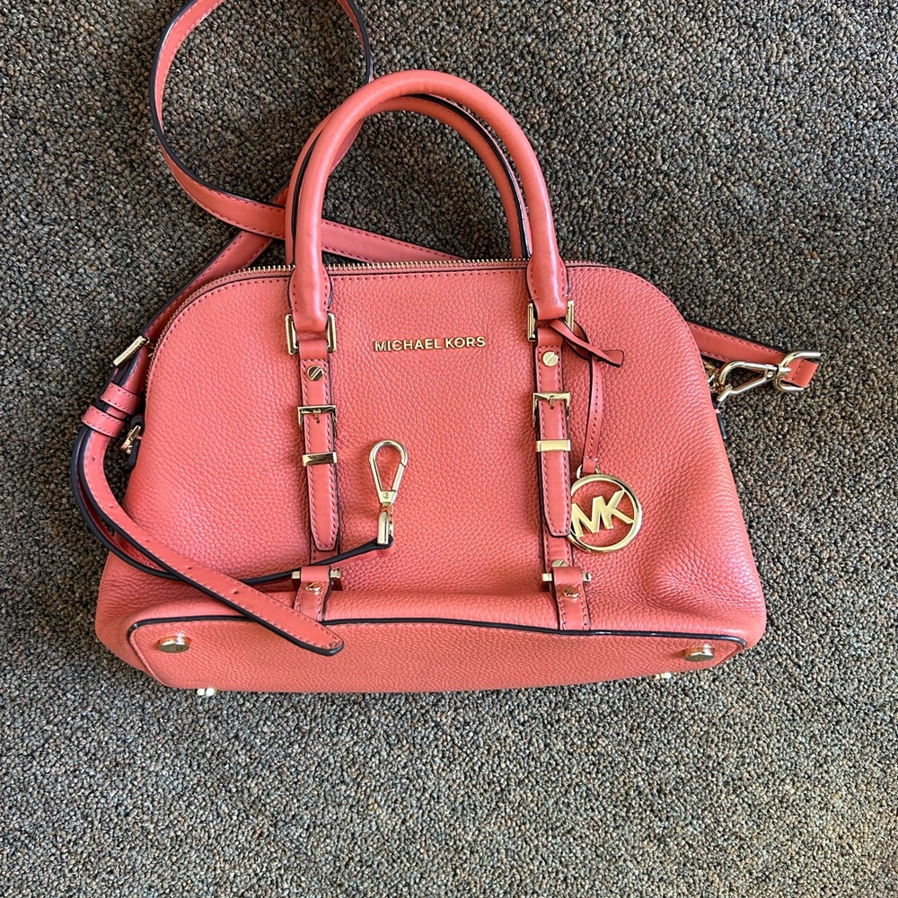 Michael Kors Coral-Pink Pebbled Leather Satchel with Gold Hardware